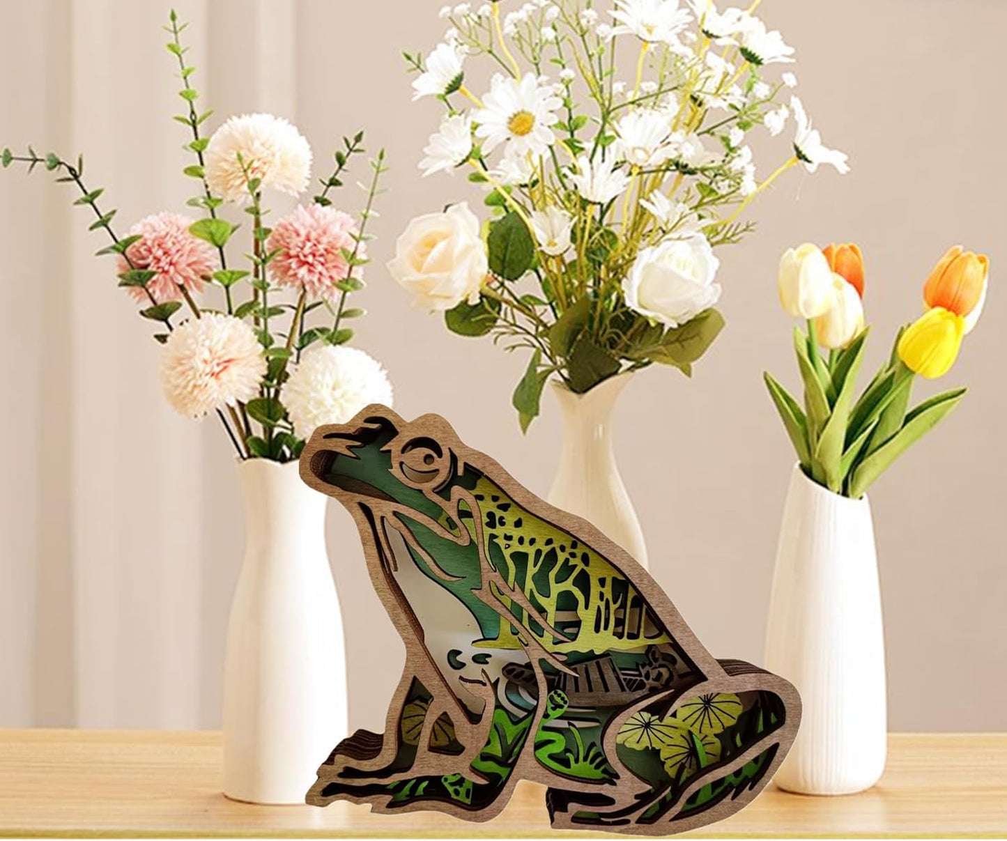 Forest AnimalDesk Art Decor Wooden Farmhouse Table Decoration, Cabin Decor Nursery Decor Mountain Decor for Bedroom Living Room (Frog)