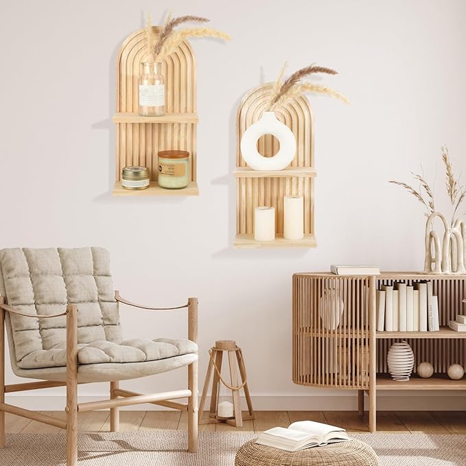 Geetery 2 Pcs Arch Wood Floating Shelf Mid Century Rainbow Wall Shelves Modern Boho Wall Shelf Retro Mounted Wood Arch Decor for Bedroom Living Room Classroom Bathroom Display(2 Tier)