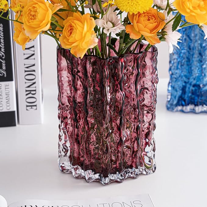 Glass Vase for Centerpieces, Diamond Shaped Vase for Flower, Modern Glacier Glass Vase for Home, Office Restaurant Desk Decor 8.3 Inch(Wine Red)