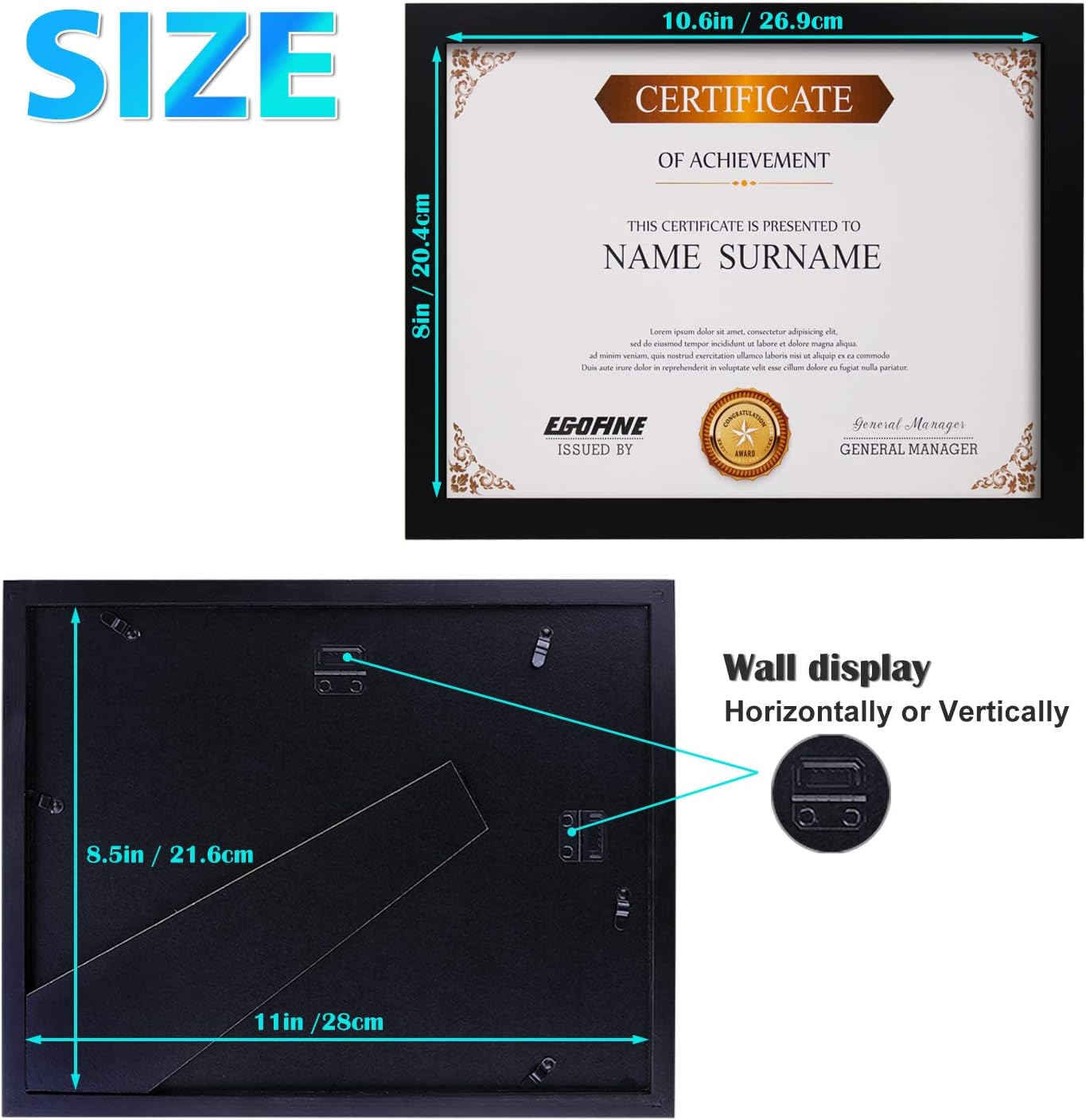 Egofine 8.5x11 Picture Frames Set of 4, Made of Solid Wood Covered by Plexiglass for Document,Diploma, Certificates and Degree, for Table Top Display and Wall Mounting Photo Frame Black