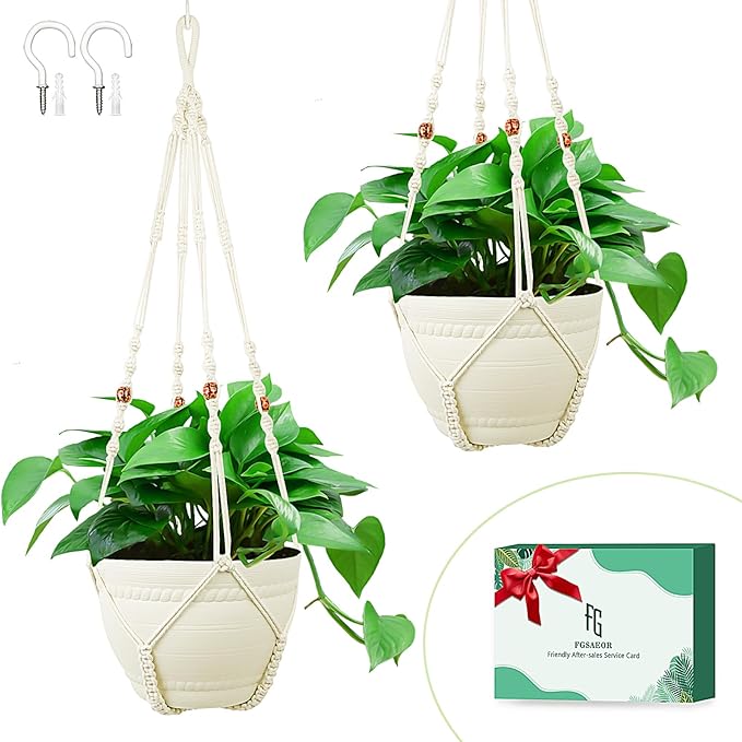 FGSAEOR Macrame Plant Holder Hanger, Hanging 3-15 inch Pot, Bearing 20lb Planters, DIY Handmade Hanging Planter Basket, 35-Inch Extra Long Strong Boho Home Indoor Outdoor Décor (2-Pack) (Ivory)