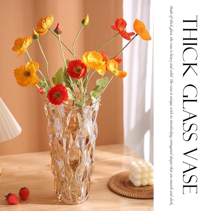 Amber Glass Vase, Thickened Cylindrical, Modern Boho Style, Handmade Decorative Flower Vase for Centerpiece Dining Table, Wedding, Holiday Party, 11.6 Inches Tall