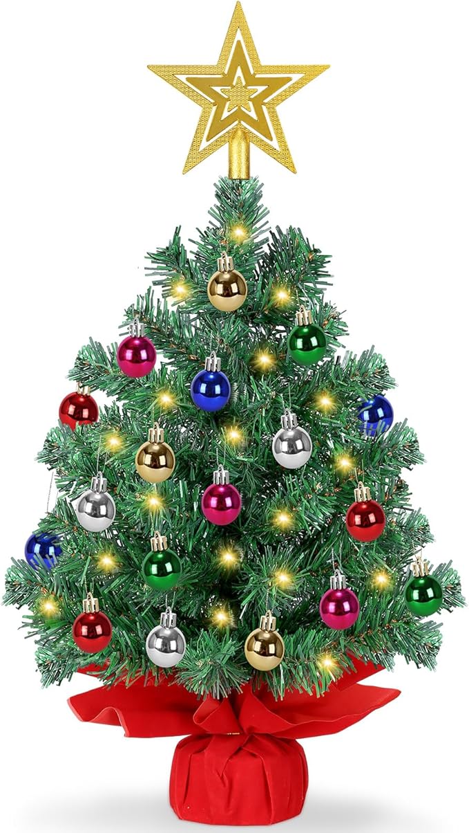 [ 8 Modes & Timer ] 24 Inch Tabletop Artificial Christmas Tree with 50 LED Lights, Star Treetop & 30 Christmas Ornament Battery Operated Small Christmas Tree Home Table Christmas Decorations