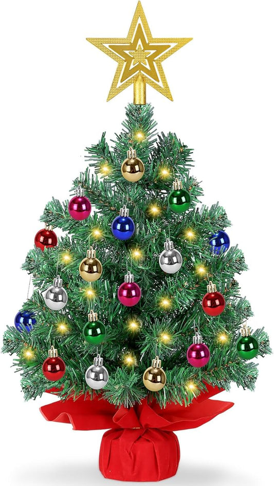 [ 8 Modes & Timer ] 24 Inch Tabletop Artificial Christmas Tree with 50 LED Lights, Star Treetop & 30 Christmas Ornament Battery Operated Small Christmas Tree Home Table Christmas Decorations