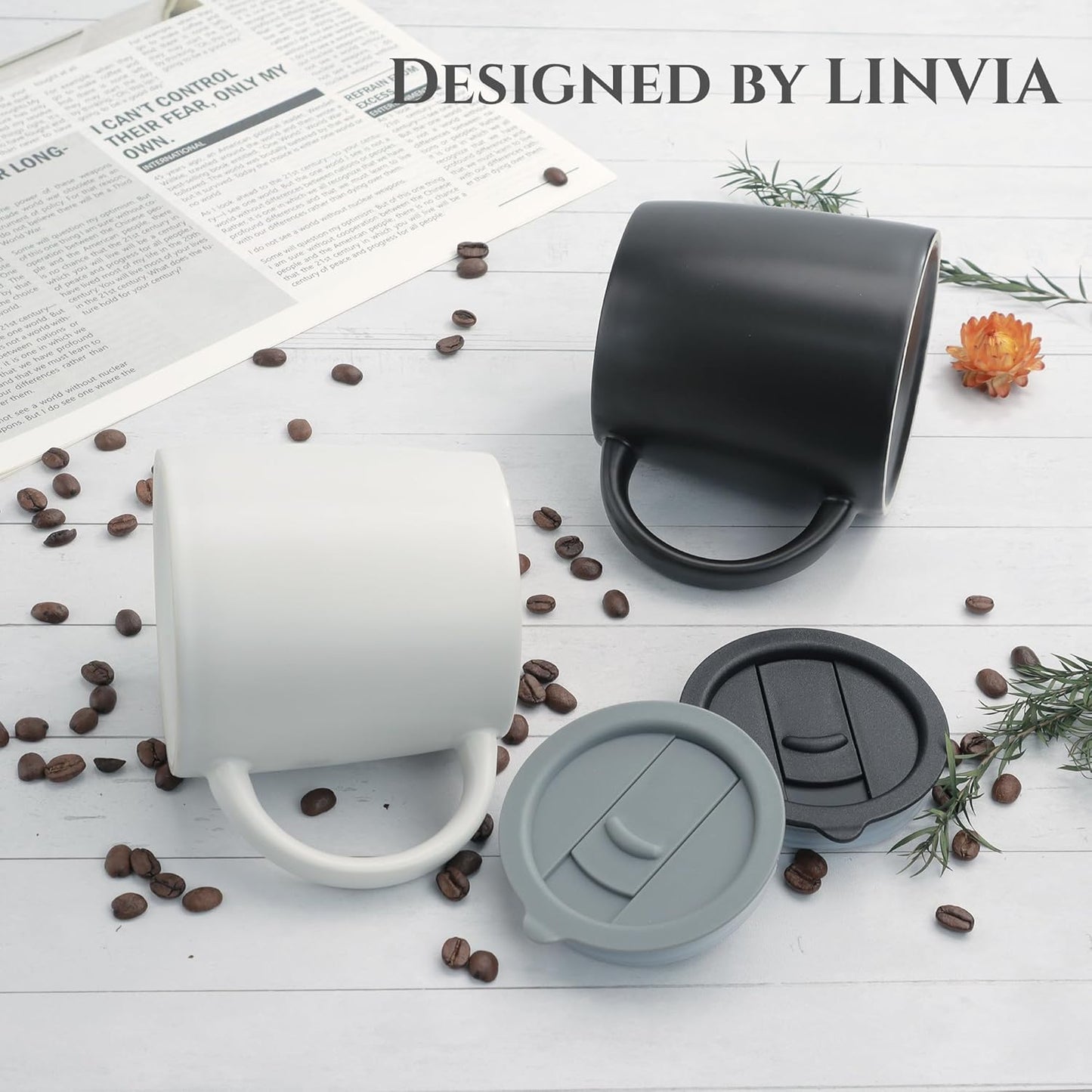 Classic Mug, 14 oz Large Coffee Mug with Handle, Ceramic Porcelain Tea Cup, Smooth Matte (Sliding Lid, Set of 2, White and Black)