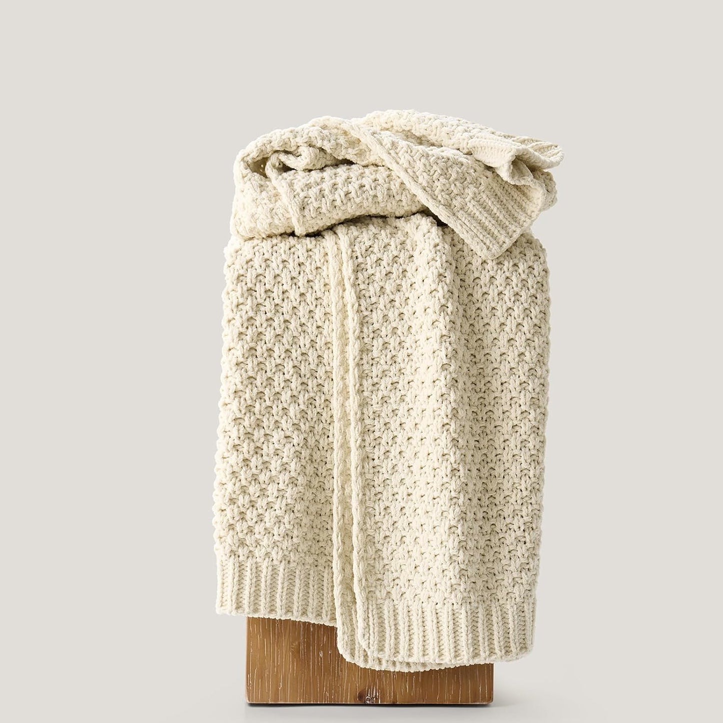 EVERGRACEHOME Chunky Chenille Knit Throw Blanket for Couch, Soft Luxurious Moss Stitch Blankets for Bed, Cozy Decorative Farmhouse Knitted Throws for Sofa, Beige, 60" x 80"