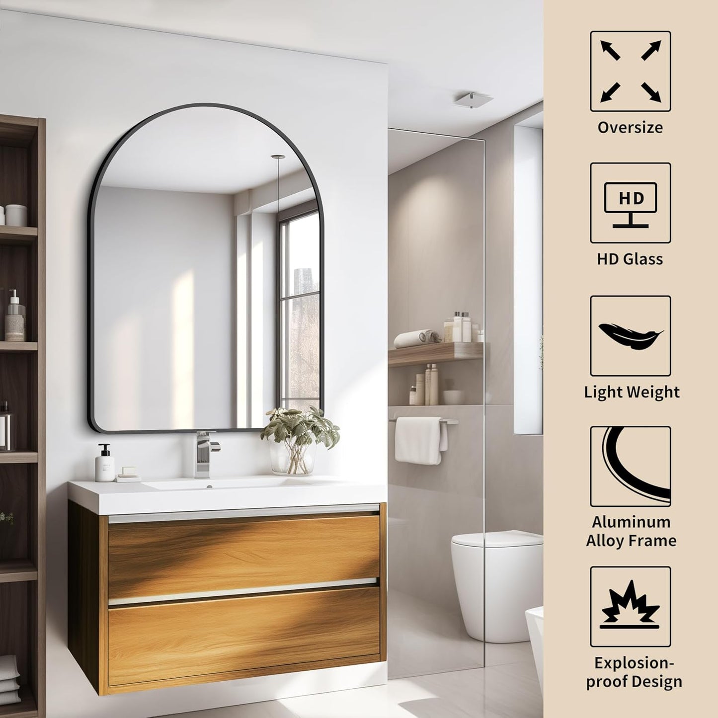 FORBATH Arched Mirror 30x40 Inch, Black Arched Bathroom Mirror Wall Mounted Modern Black Aluminum Frame Decor Large Dresser, for Bedroom Living Room Entryway, Hanging or Leaning Against Wall