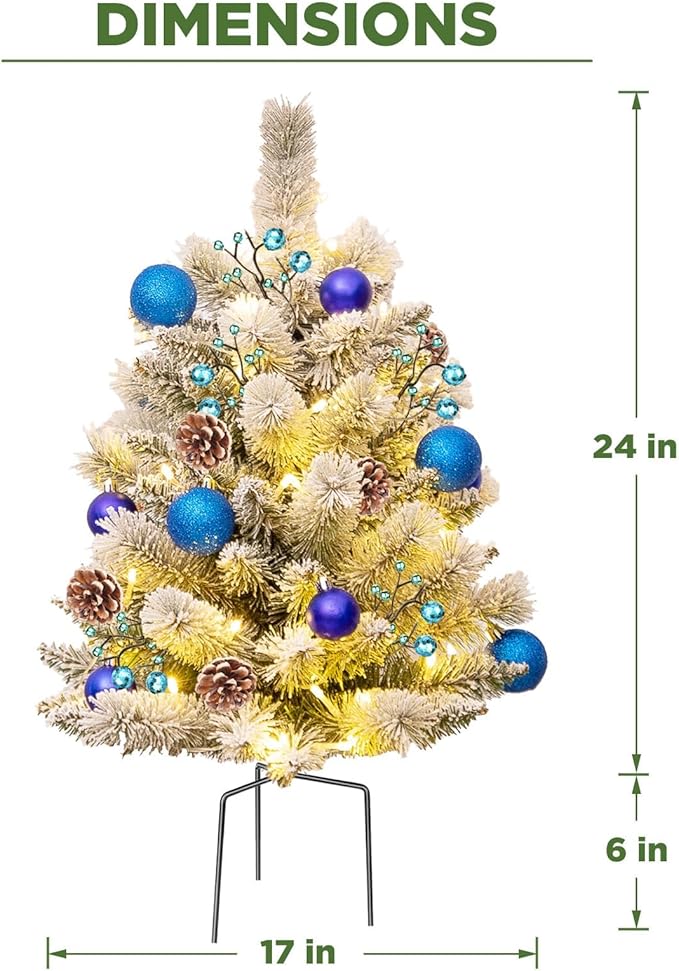24'' Mini Artificial Christmas Tree with LED Lights, Faux Pine Cones and Berrys Pre-Lit Snow Flocked Xmas White Trees Christmas Porch Decorations Small Fake Trees for Outdoor Home Yard - Set of 2