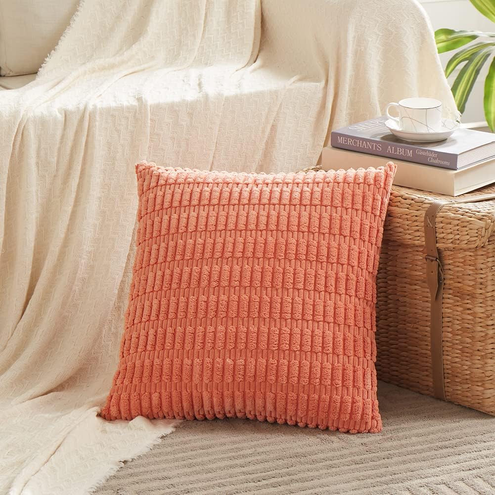 Fancy Homi 4 Packs Boho Coral Decorative Throw Pillow Covers 22x22 Inch for Living Room Couch Bed Sofa, Rustic Modern Farmhouse Home Decor, Soft Plush Corduroy Peach Cute Square Cushion Case 55x55 cm