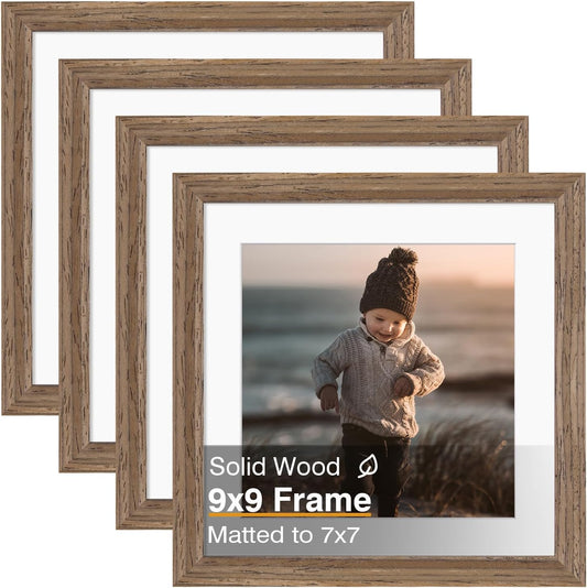 KINLINK 9x9 Picture Frame, Brown Square Solid Wood Frames for Pictures 7x7 with Mat or 9x9 without Mat, Wall and Tabletop Display Photo Frames Brown Wood 4 Pack