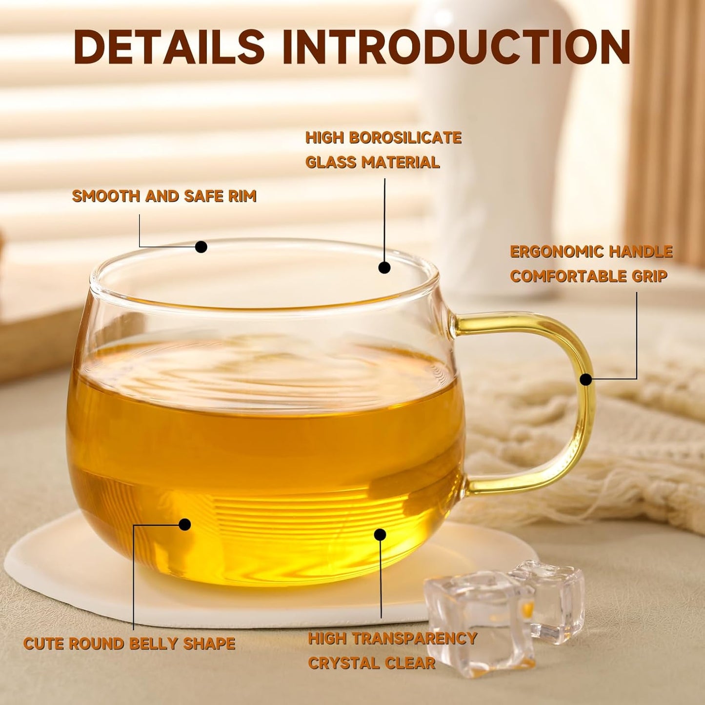 Glass Tea Cups Set of 4, Clear Borosilicate Glass Teacups with Colorful Handle for Tealover, Dishwasher & Microwave Safe Large Coffee Mugs for Espresso Cappuccino Latte Juice, 12OZ/360ML