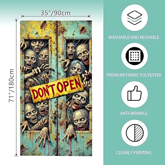2D flat Zombie Don't Open Halloween Door Decorations Scary Door Banner Indoor Outdoor Horror Door Cover for Haunted House 71x35 Inch