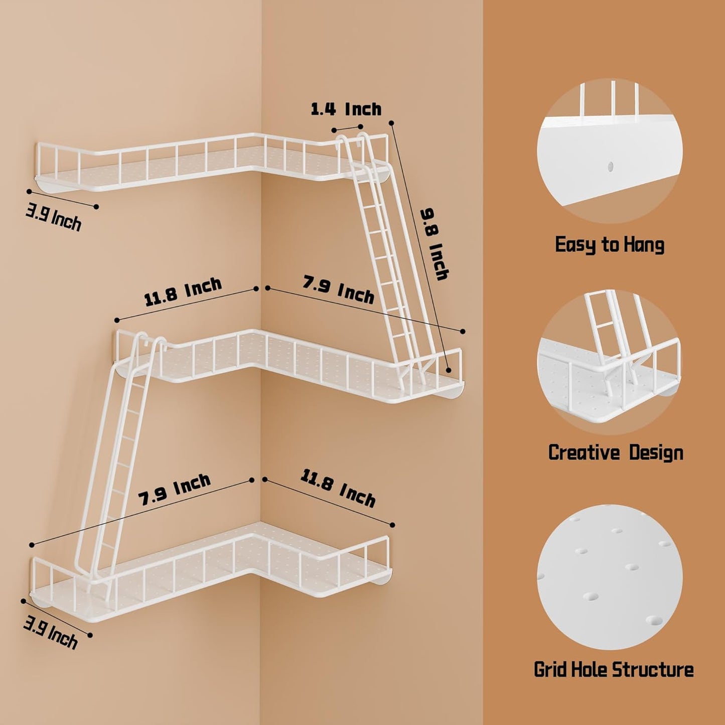 Fire Escape Wall Shelf - Modern City Style 3-Tier Corner Wall Shelves, Easy to Install Metal Ladder Shelf for Figures, New York Decorative Shelves for Bathroom, Living Room & Home Decor,White