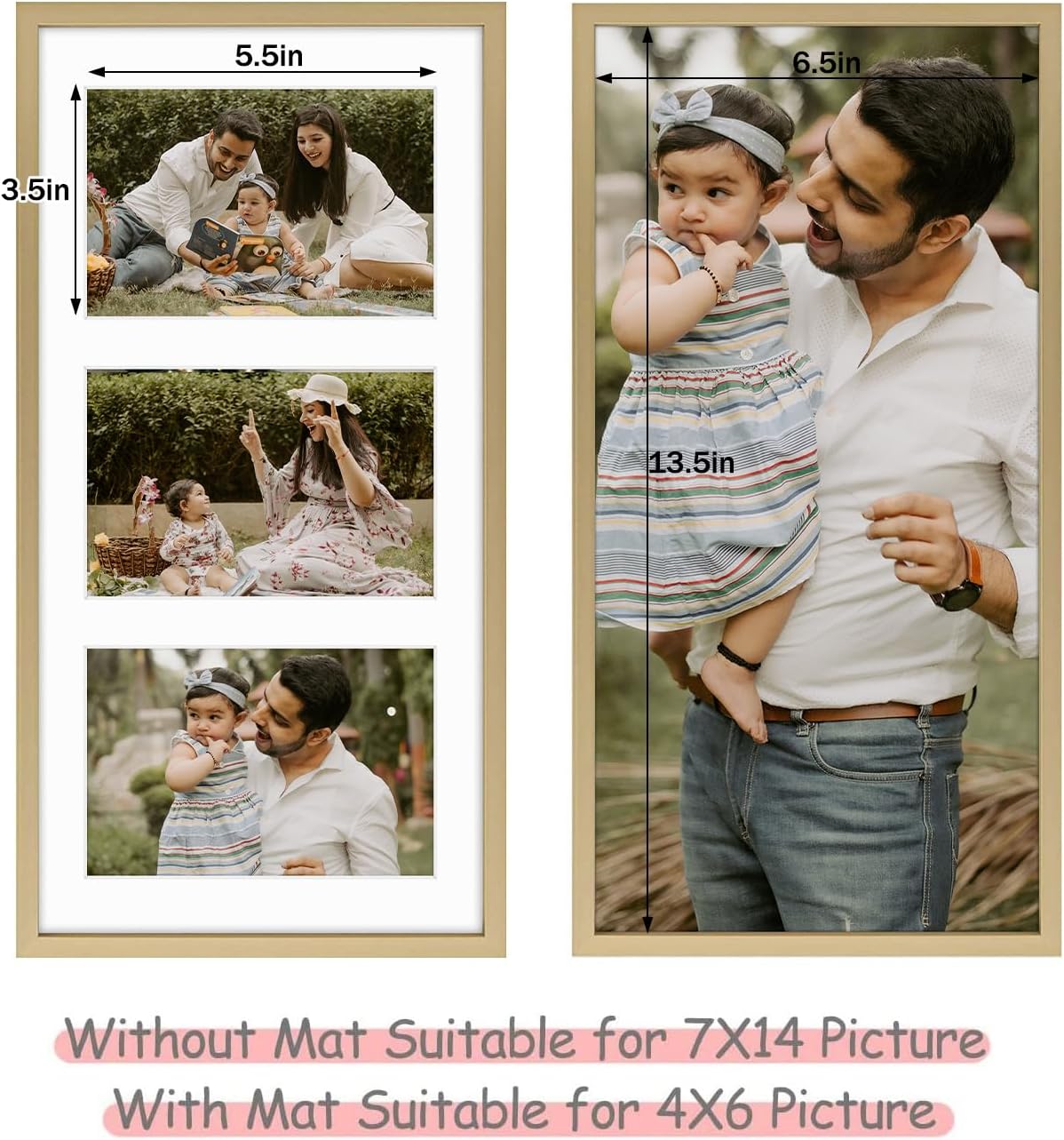 Frametory - 7x14 Aluminum Collage Picture Frame - Display 4x6 Pictures with 3 Openings Mat - Real Glass Front - Horizontal/Vertical Wall Mount - Gold 1 Pack