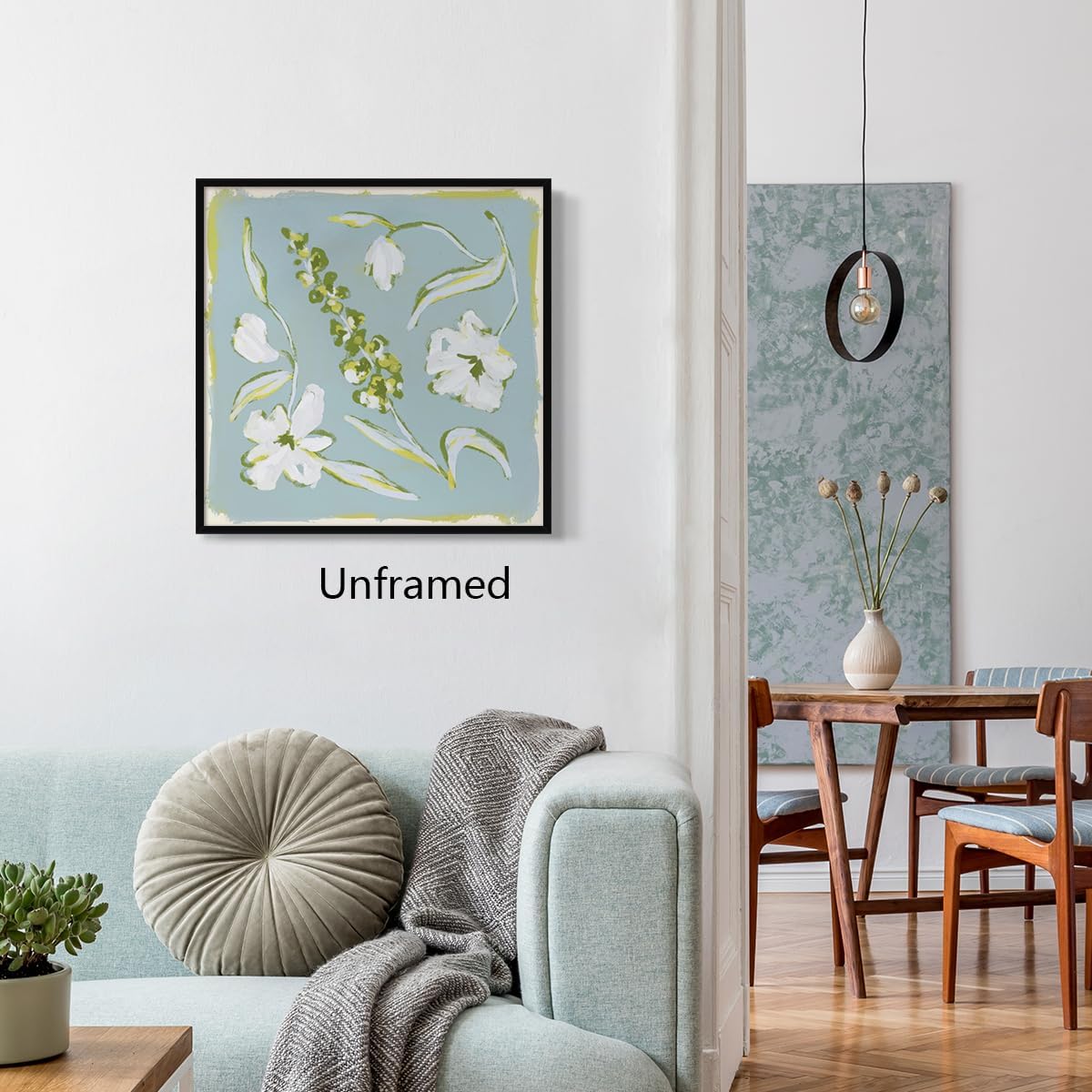 Flower Canvas Wall Art, Blue and Green Floral Aesthetic Poster, Chinoiserie Watercolor Botanical Print, Coastal Grandma Modern Southern Grandmillennial Plant Painting for Wall 12x12in Framed