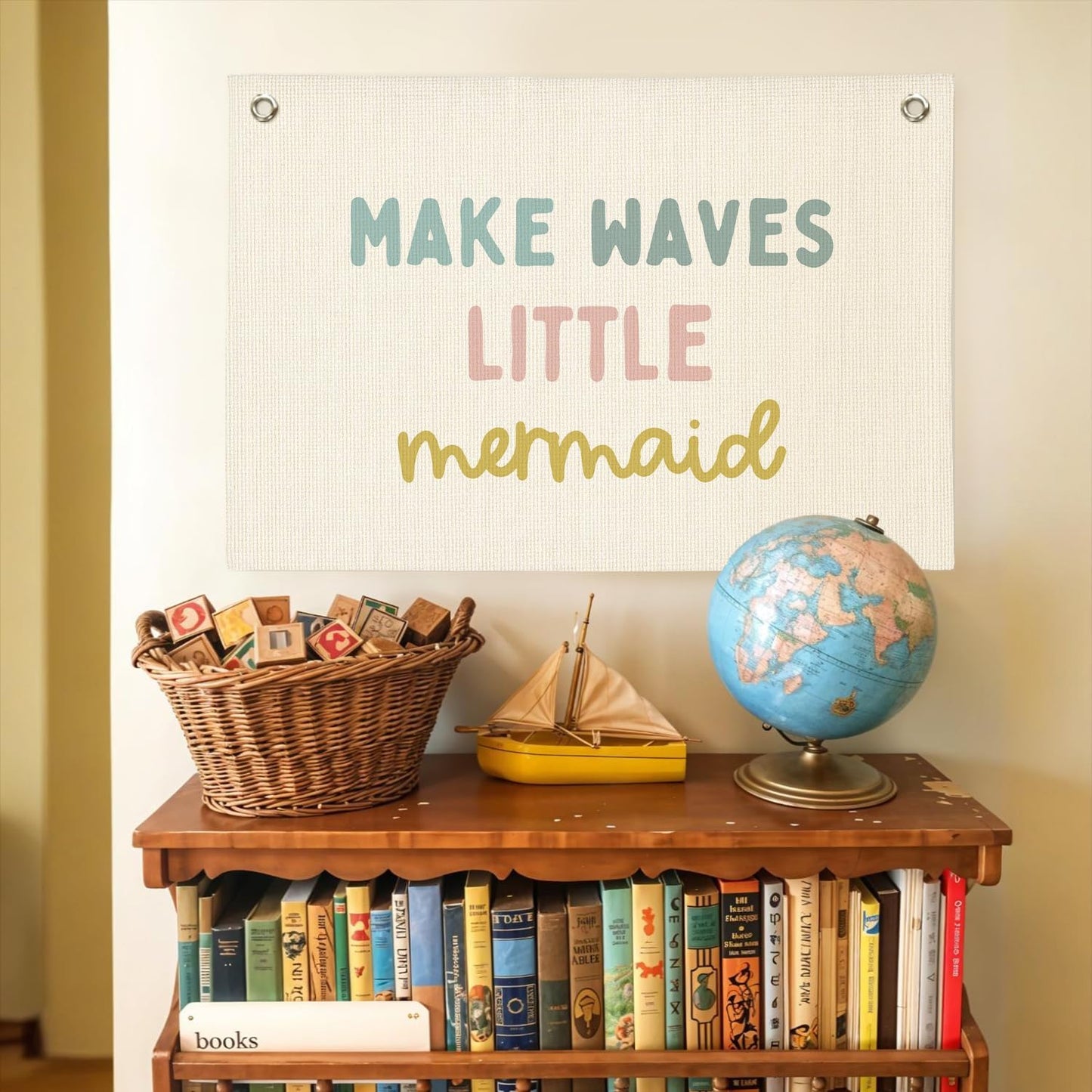 Mermaid Girls Room Decor, Ocean Room Decor Kids Wall Banner, Make Waves Little Mermaid Wall Hanging Banner Decor for Baby Nursery Little Girls Playroom Bedroom Bathroom 20x30