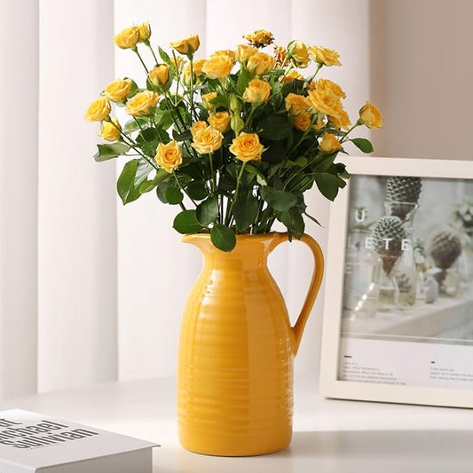 hjn Farmhouse Pitcher Vase for Flowers- Decrative Pitchers White Ceramic Pitcher Yellow Vase for Your Kitchen/Home Decor/Office/Living Room/Bookshelf/Mantel/-Yellow