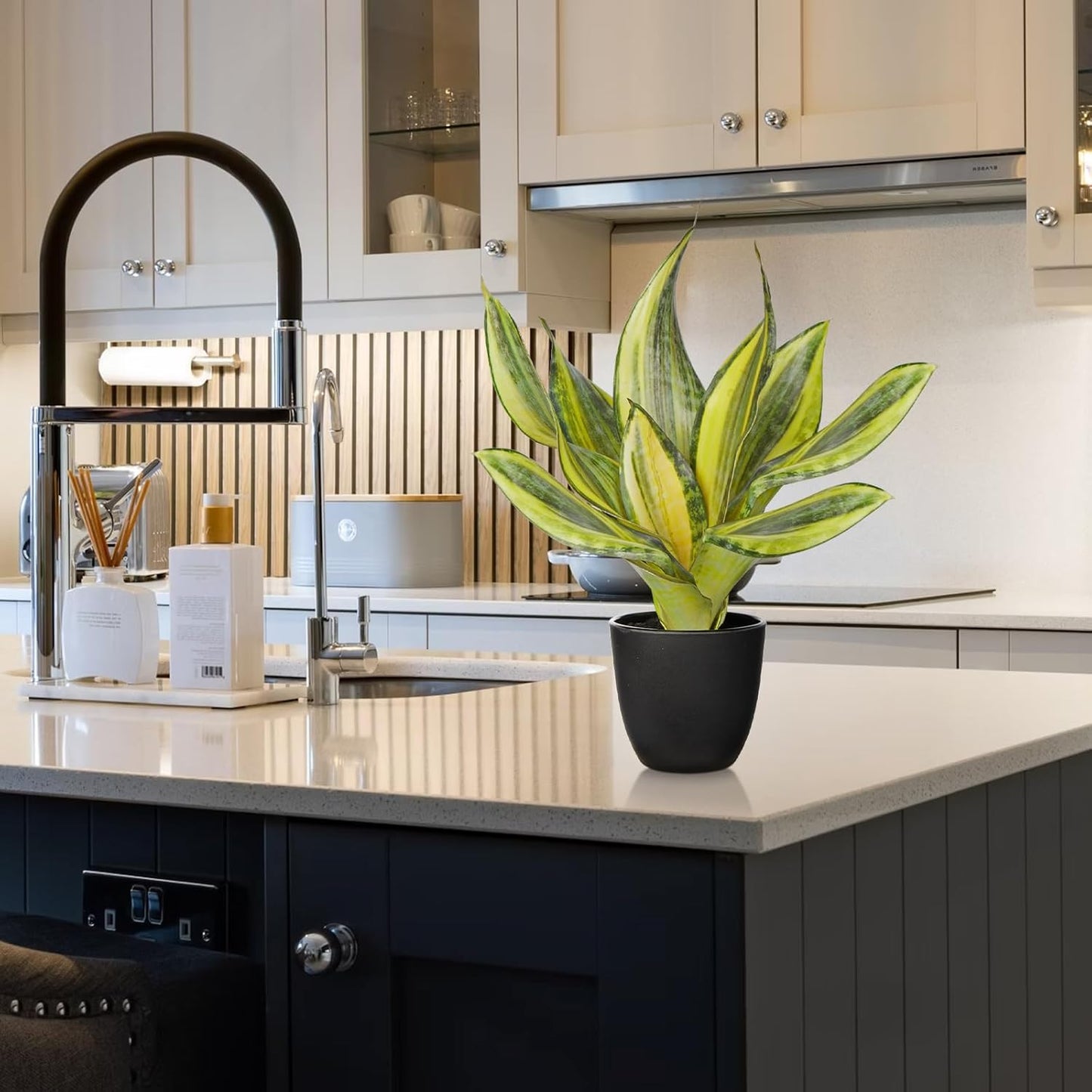 Fake Plant 11.22 Inch Fake Snake Plant Artificial Plants Indoor Sansevieria Faux Plants with Black Pot Artificial Snake Plant for Living Room Bathroom Office Table Centerpieces Shelf Home Decor