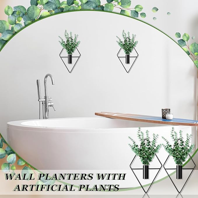 2 Pieces Wall Decor Hanging Planters with Artificial Plants Metal Hanging Vase Indoor Plants Holder Modern Boho Wall Art for Bathroom Bedroom Living Room Decor(Black,Eucalyptus)