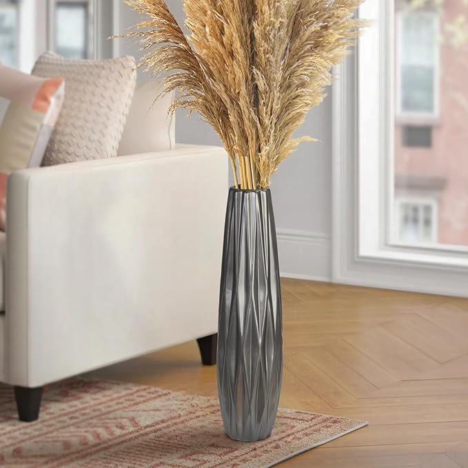 Silvery Ceramic Tall Floor Vase,17.7 Inch Large Modern Flower Vases for Home Décor,Wicker Big Floor Vase Decorations for Farmhouse, Living Room,Bedroom,Standing Plastic Vase Decorative Tall