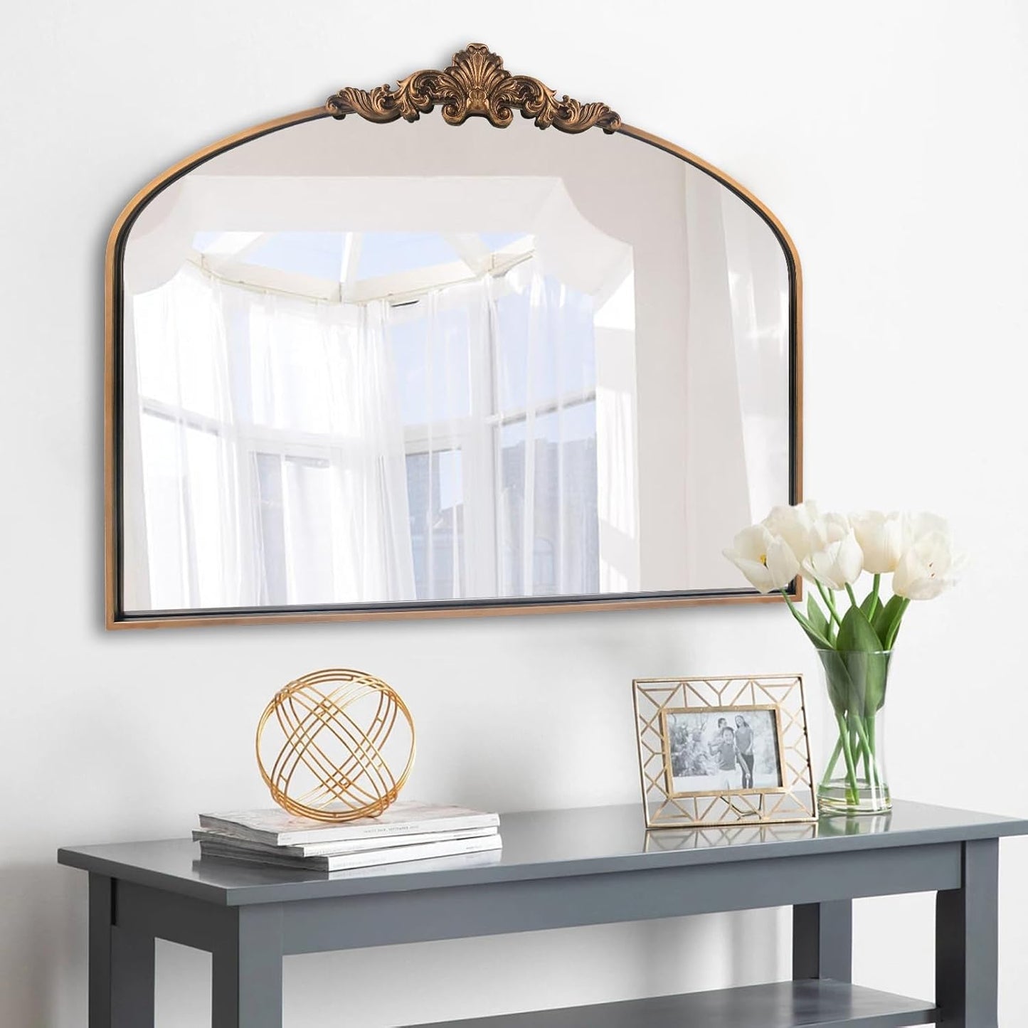 Gold Antique Arched Mirror, Victorian Bronze with Full Matel Frame, Wall Arch Mirror for Entryway/Bathroom/Fireplace 36"X30"