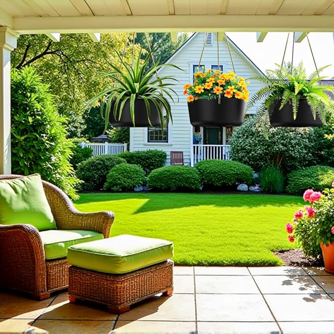 10.7 Inch Hanging Planter for Outdoor Indoor Plants，2 Pack Hanging Flower Pots with Drain Holes for Garden Home Decor Use (Black)