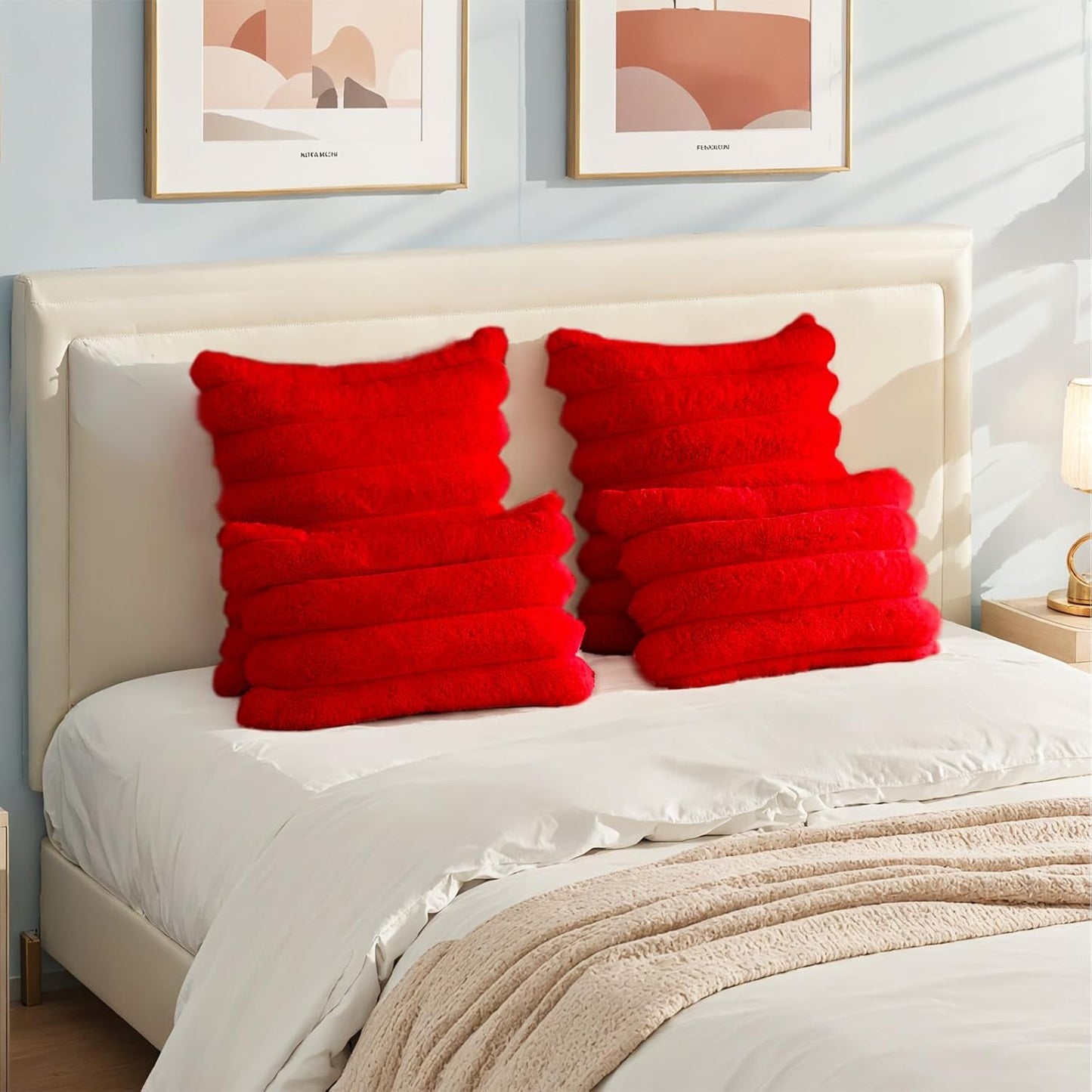 HAUSSY Faux Fur Throw Pillow Covers 22x22 Inch Set of 2,Decorative Striped Neutral Pillow Cases Soft Plush Couch Pillow Covers,Home Decor for Sofa,Bed, Living Room,Red