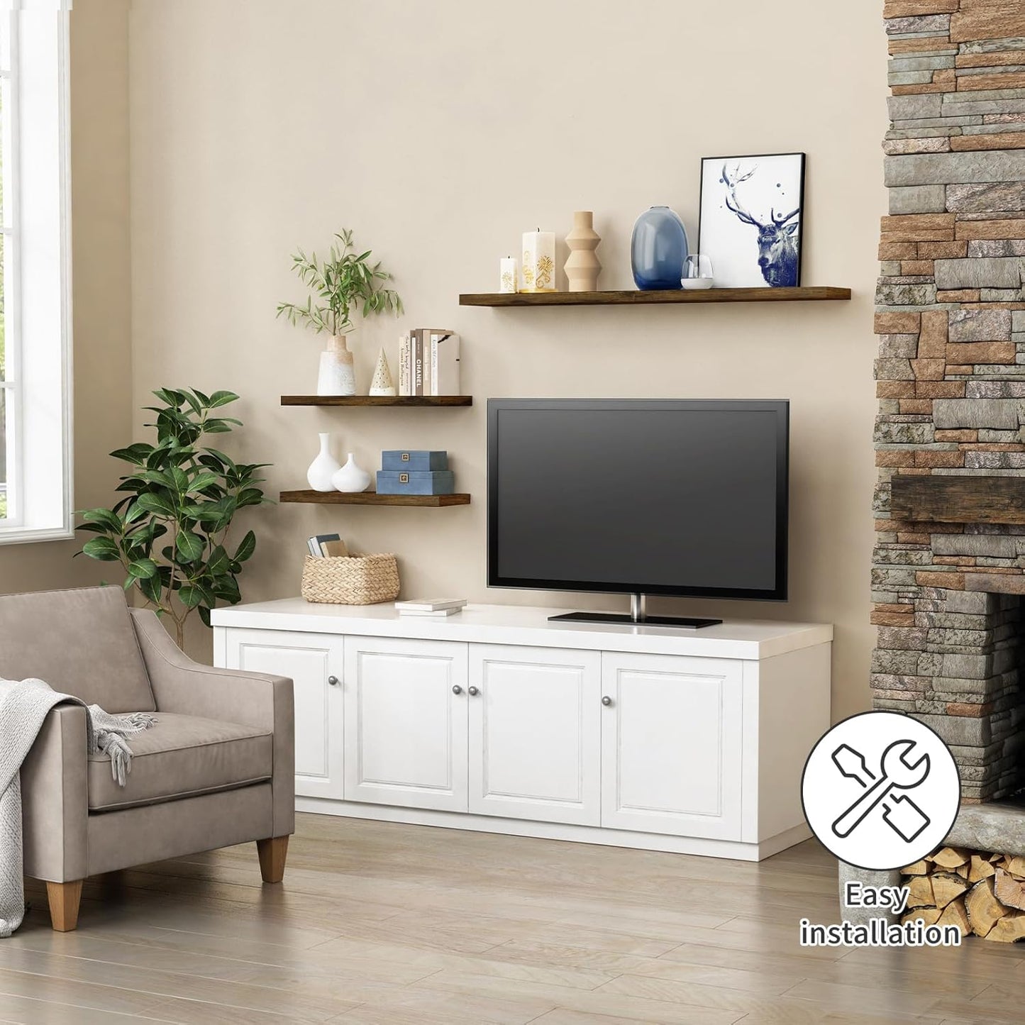 Forbena Rustic Brown Floating Shelves for Wall Set of 3, 24 Inches Long Hanging Shelves for Bedroom Storage, Large Wall Mounted Shelves for Living Room Books, Closet (Dark Wood)