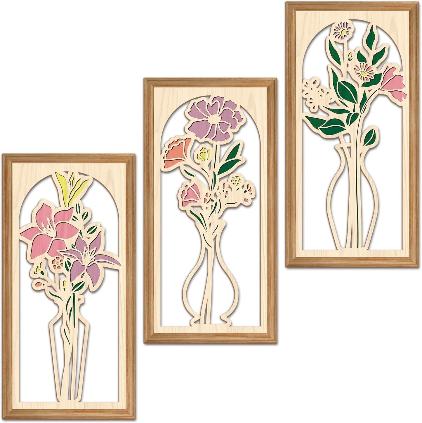 IARTTOP 3 Pcs Boho Flower Vase Wooden Wall Decor Minimalist Floral Farmhouse Decor Botanical Wood Wall Art Bohemian Flower Artwork for Bathroom Living Room Bedroom Housewarming Gifts 7.9 x15.8 Inch