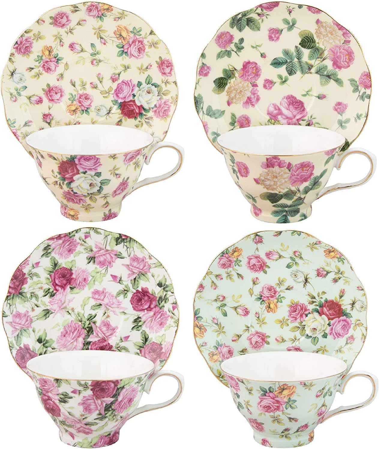 Gracie China by Coastline Imports Rose Chintz 8-Ounce Porcelain Tea Cup and Saucer, Set of 4