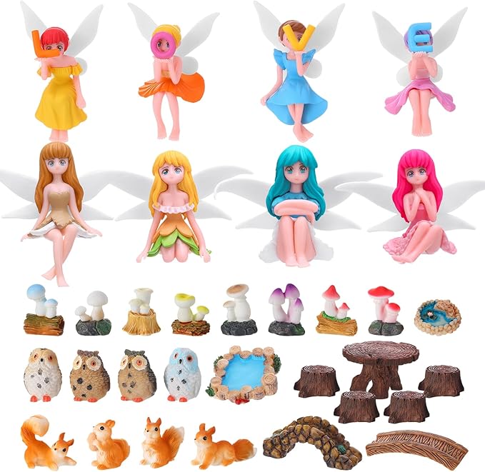 33 Pcs Fairy Garden Accessories Miniatures Garden Kit with Resin Fairies, Mushroom House & Bridge Miniature Accessories for Terrarium, Dollhouse & Outdoor Decor