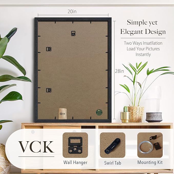 VCK 20x28 Poster Frame 3 Pack - Black Oak, Natural Textured Solid Wood Picture Frames, Wall Hanging