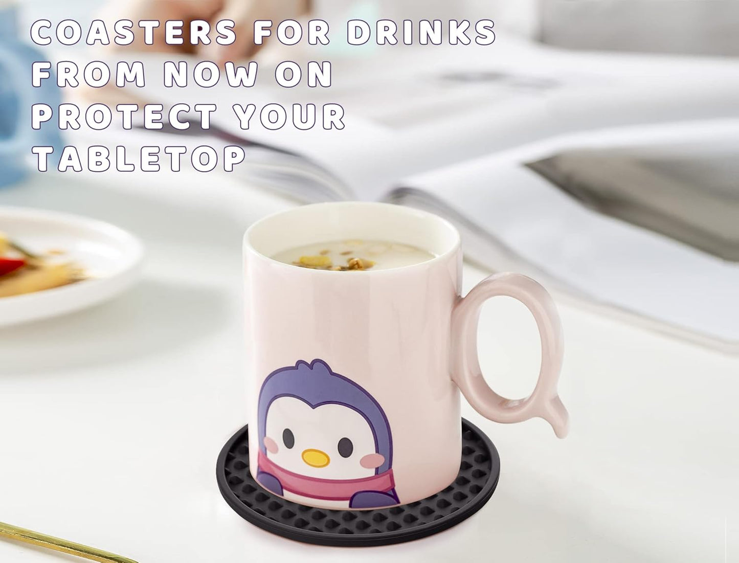 Coasters for Drinks 6 Pcs Drink Plastic Coaster with Holder,Heat Resistant Silicone Cup Mat Tabletop Protection,Non-Slip Rubber Coasters for Kinds of Cups (Black)