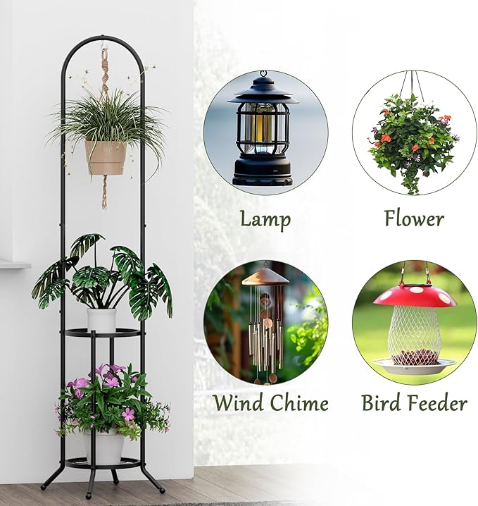 2-tier Hanging Plant Stand Indoor and Outdoor, Space-Saving Iron Plant Shelf, 3 Potted Flower Pot Stand ,Planter Holder for Bedroom Balcony Living Room Patio Garden( n-style)