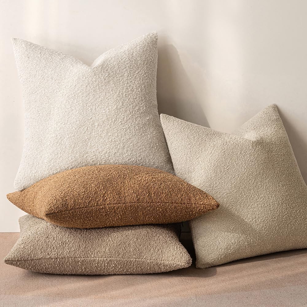 MIULEE 16x16 Inch Decorative Pillow Covers for Couch Bed Set of 2 Textured Boucle Neutral Winter Throw Pillows Khaki Accent Solid Cushion Pillowcases Sofa Livingroom Home Decor