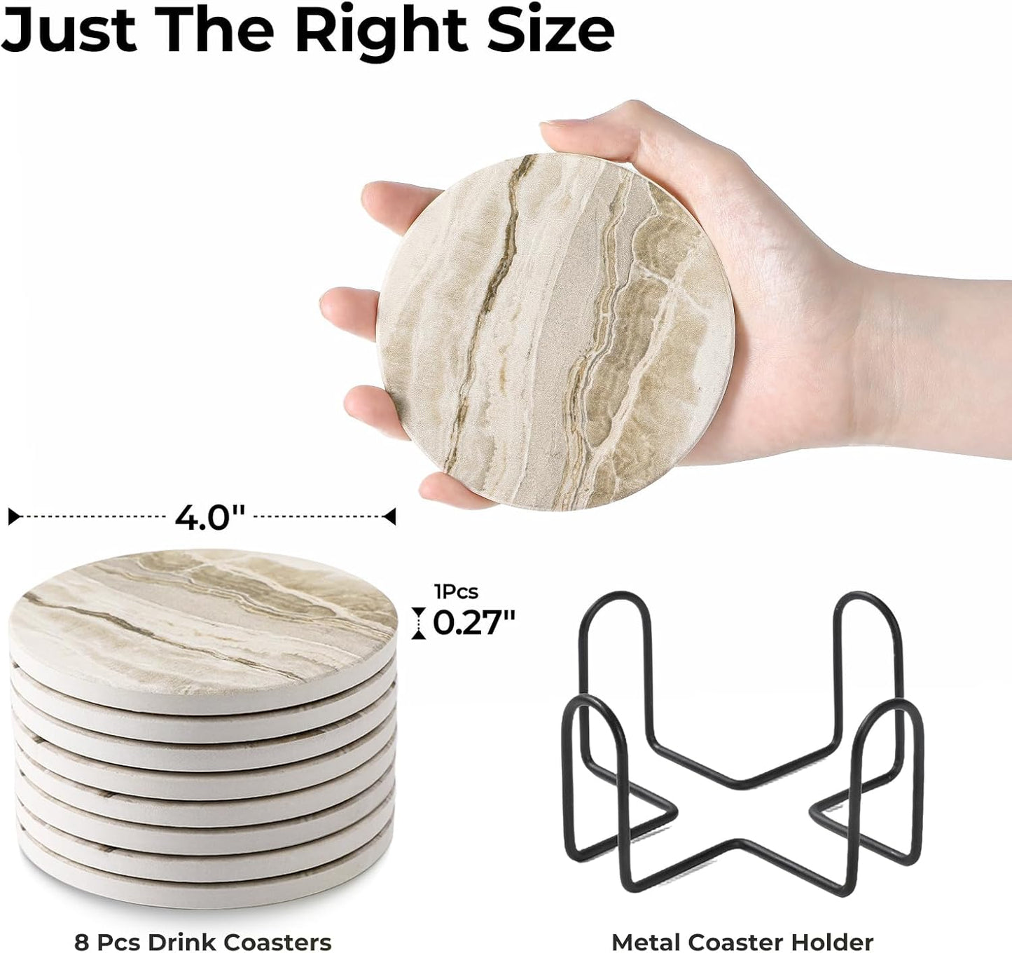 LlFVER Coasters Set of 8, Absorbent Drink Coaster with Holder, Marble Style Ceramic Stone Coasters for Drinks Coffee Tabletop Protection, Modern Furniture Coaster for Home Decor House Warming Gifts