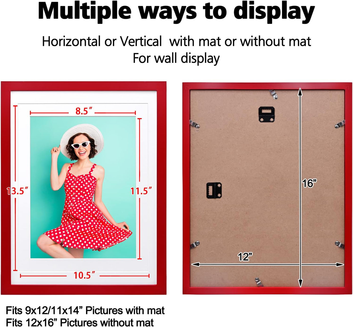 KINLINK 12x16 Picture Frame Red, Solid Wood Frames with Acrylic Plexiglass for Pictures 11x14/9x12 with Mat or 12x16 without Mat, Wall Display Photo Frame, Set of 4