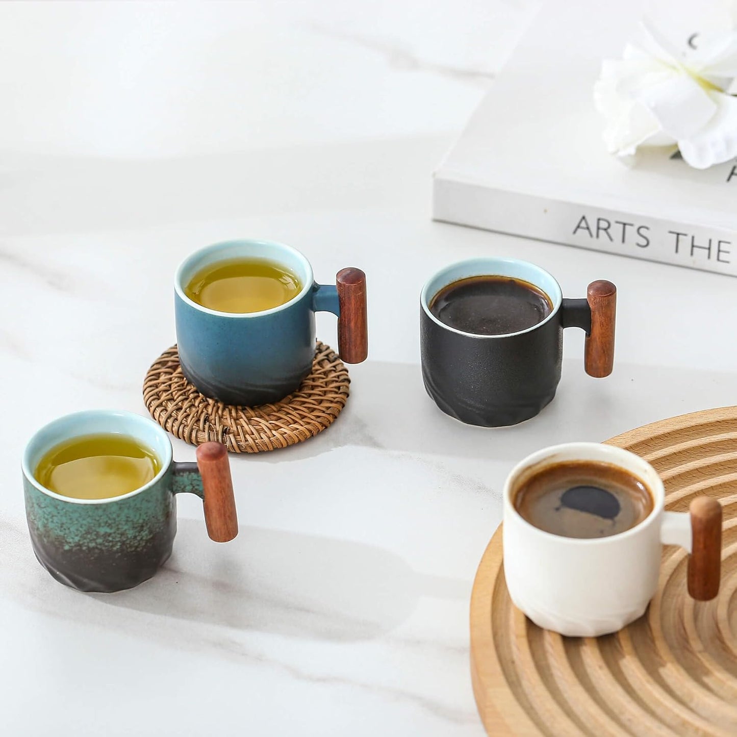 Espresso Cups Set of 2, Small Tea Cups, 2.1oz Ceramic Espresso Cups with Wooden Handle