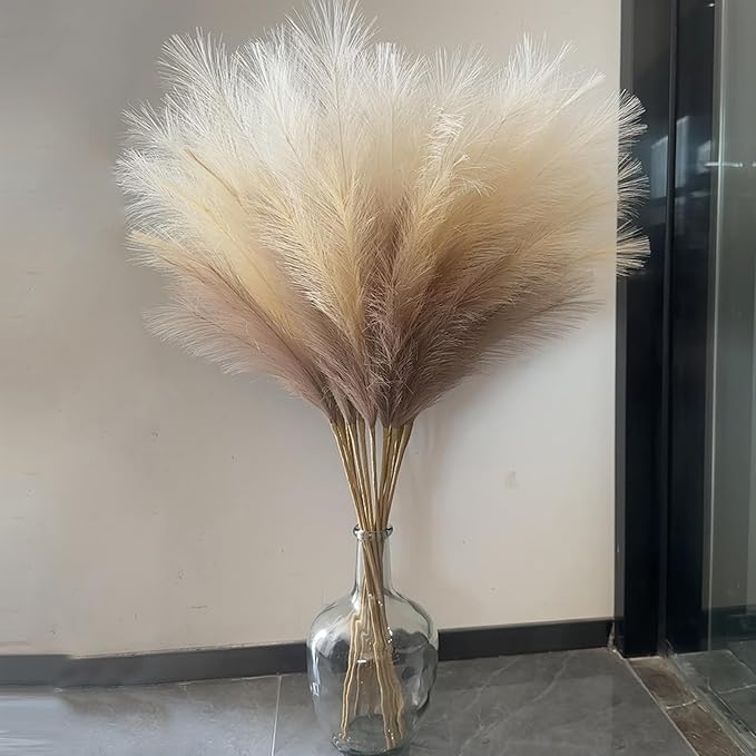 38" 10 Stems Faux Pampas Grass Decor - Tall Pampas Grass for Floor Vase, Boho Home Wedding Mothers Day Decoration (Beige Mixed)