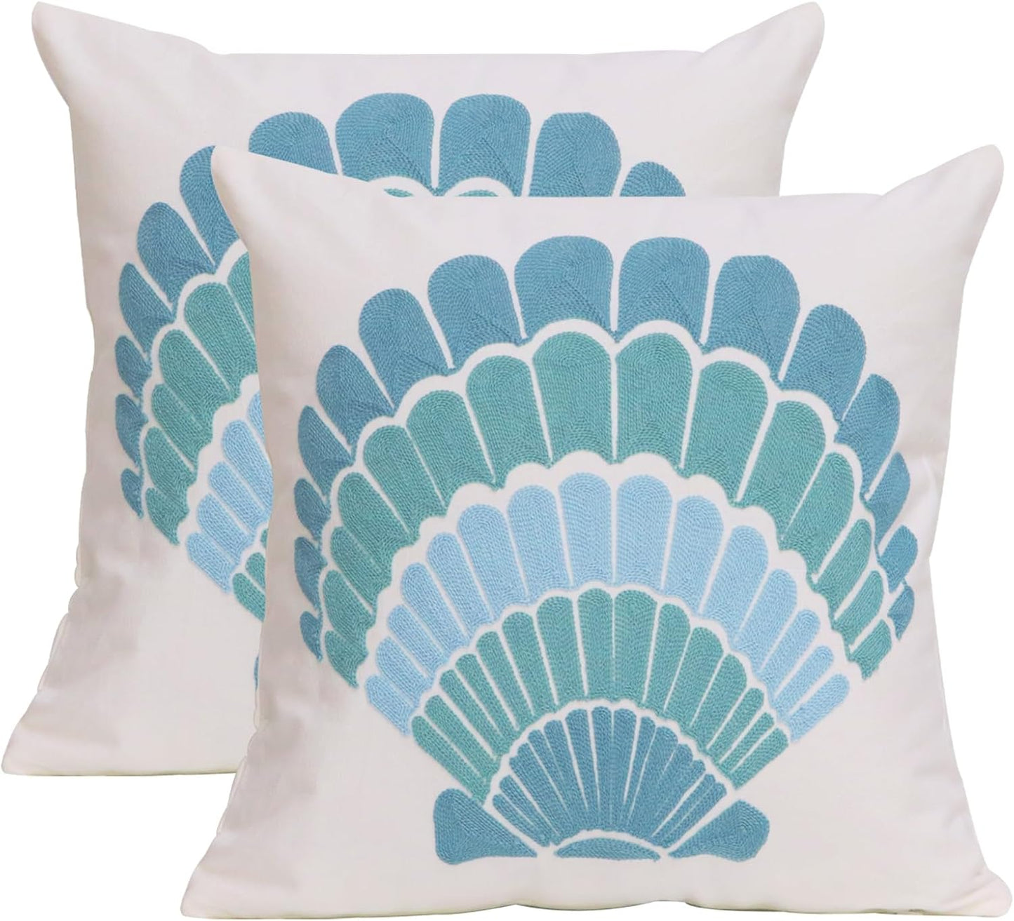 1 PCS Embroidered Throw Pillow Cover Cotton Decorative Square Cushion Cases for Home Sofa Bed and Chair 18 x 18 Inch (Blue Shell-2)