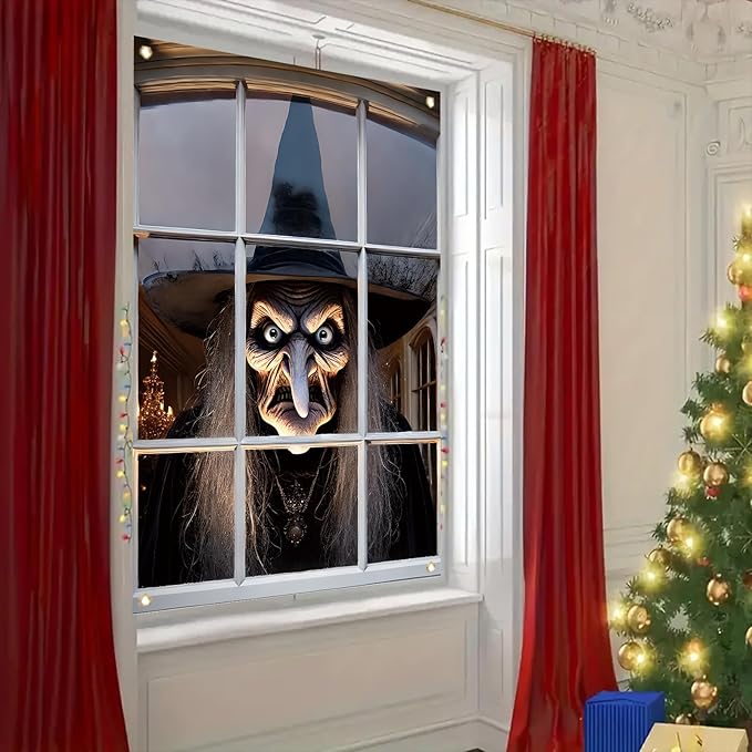 Window Cover Halloween 47x31 Inch Scary Witch Face Banner Creepy Window Decoration for Haunted House Outdoor Indoor Horror Poster Trick or Treat Prop Decor