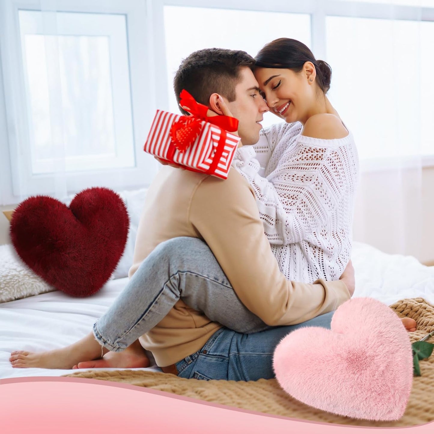 Liliful 6 Pcs Faux Rabbit Fur Heart Pillows Helloween Fluffy Heart Throw Pillows Christmas Cute Couch Cushion Soft Decorative Throw Cushion for Bed Sofa Girls Women(12 x 11 Inch,Bright Color)