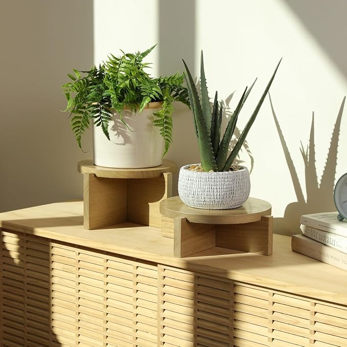 Natural Wood Riser Set of Two - Large 10” Round Wooden Plant Stands Indoor - Wood Pedestal Stands for Plants, Cakes, Drink Dispensers or Decorative Display - Mid Century Modern Plant Tables - Plant Stool for Floor or Table