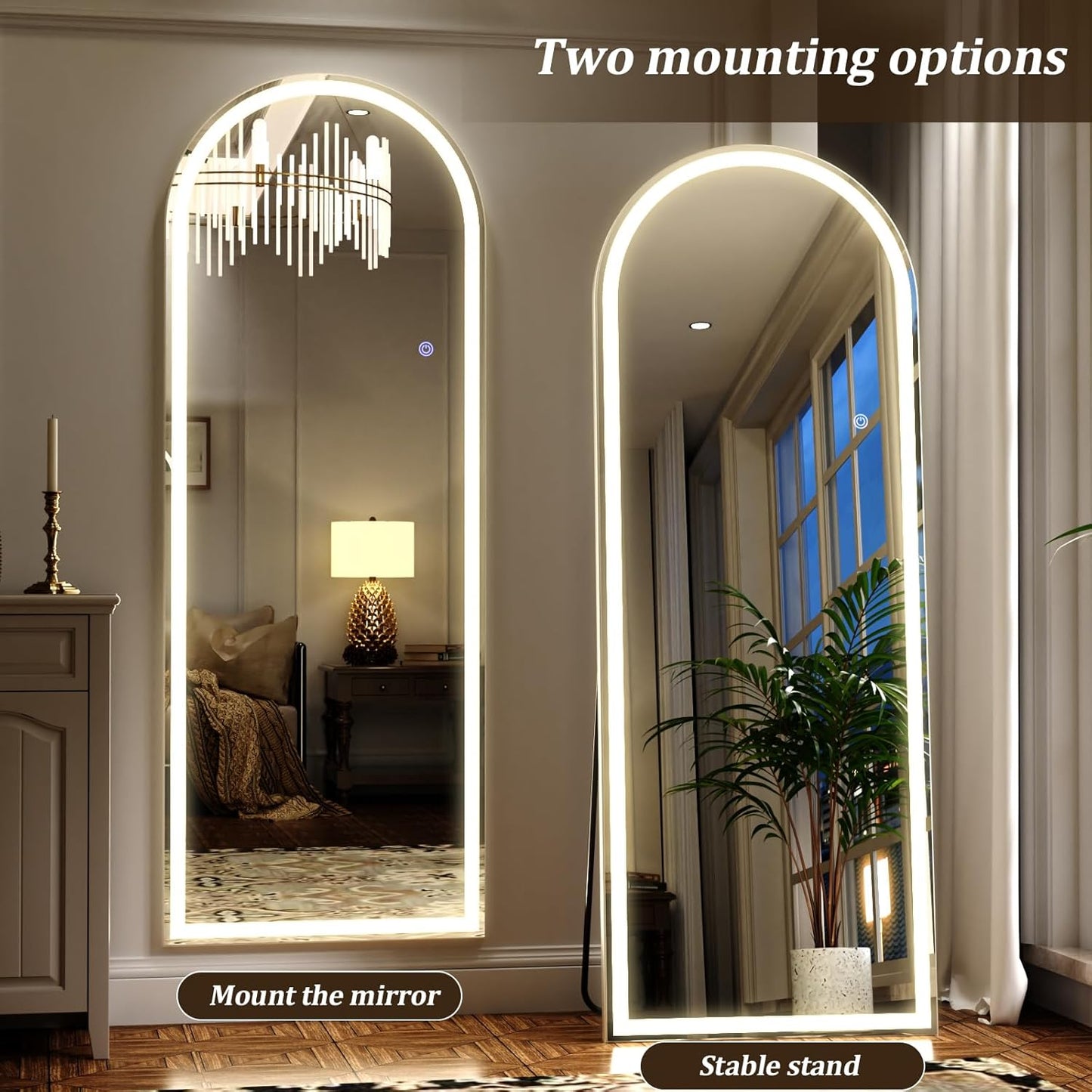 LED Arched Full Length Mirror with Lights 65"x24" - Lighted Floor Mirror with Dimming & 3 Color Lighting, Aluminum Frame Standing Leaning or Hanging for Bedroom Cloakroom White