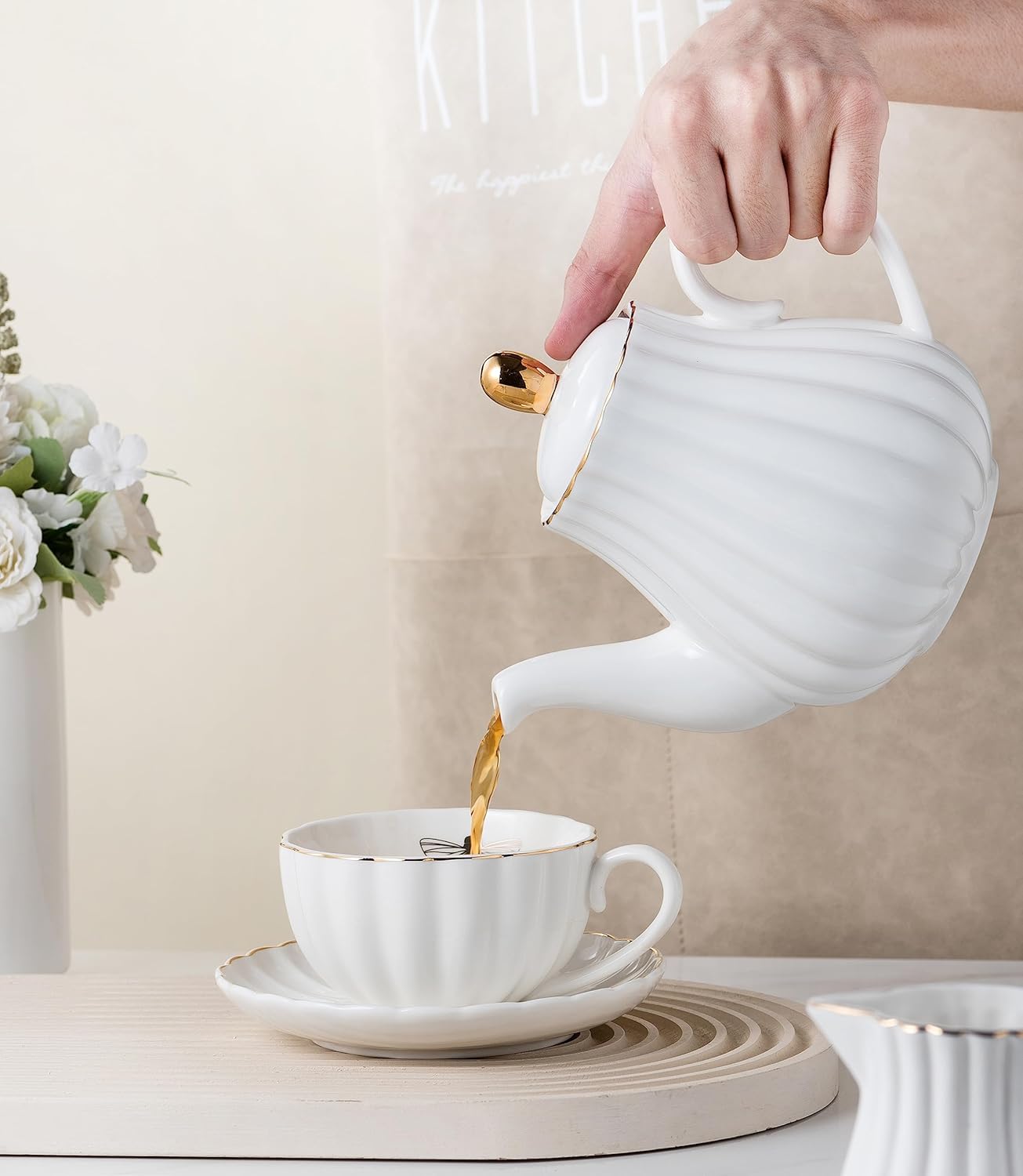 CLAY TONIC-- 8 OZ Fine China White Coffee Cup/Teacup Set, Cups & Saucer, with Teapot-Sugar Bowl-Cream Pitcher Teaspoons and tea strainer for Tea/Coffee,17-Pieces- Service for 4 (White)