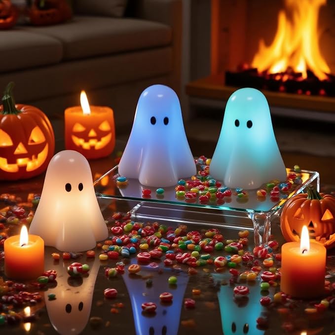 Wondise Halloween Flameless Candles Color Changing with Remote Timer, Real Wax Battery Operated Flickering Halloween Spooky Ghost Candles for Halloween Decoration Gift （D 3" x H 3.5"）