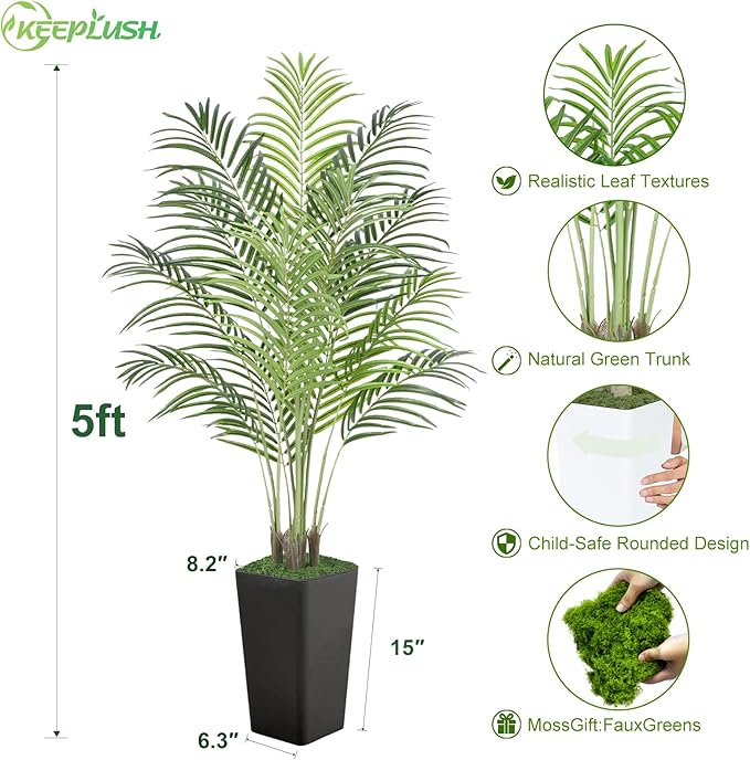 5ft Artificial Palm Tree with Black Planter-Tall Artificial Indoor Plants, Fake Tropical Palm Tree, Faux Silk Plants for Home Office Living Room Bedroom Modern Decor
