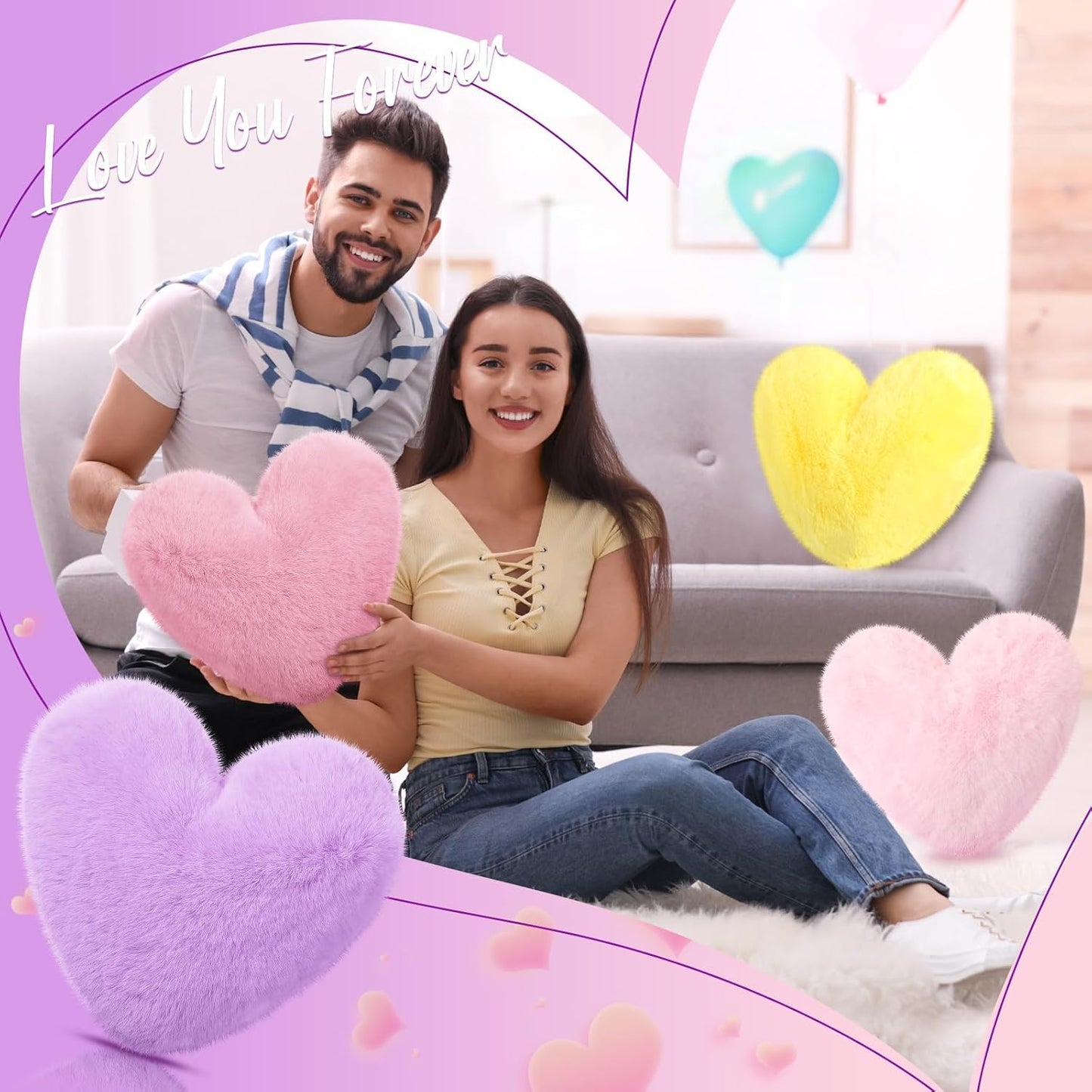 Liliful 6 Pcs Faux Rabbit Fur Heart Pillows Helloween Fluffy Heart Throw Pillows Christmas Cute Couch Cushion Soft Decorative Throw Cushion for Bed Sofa Girls Women(12 x 11 Inch,Light Color)