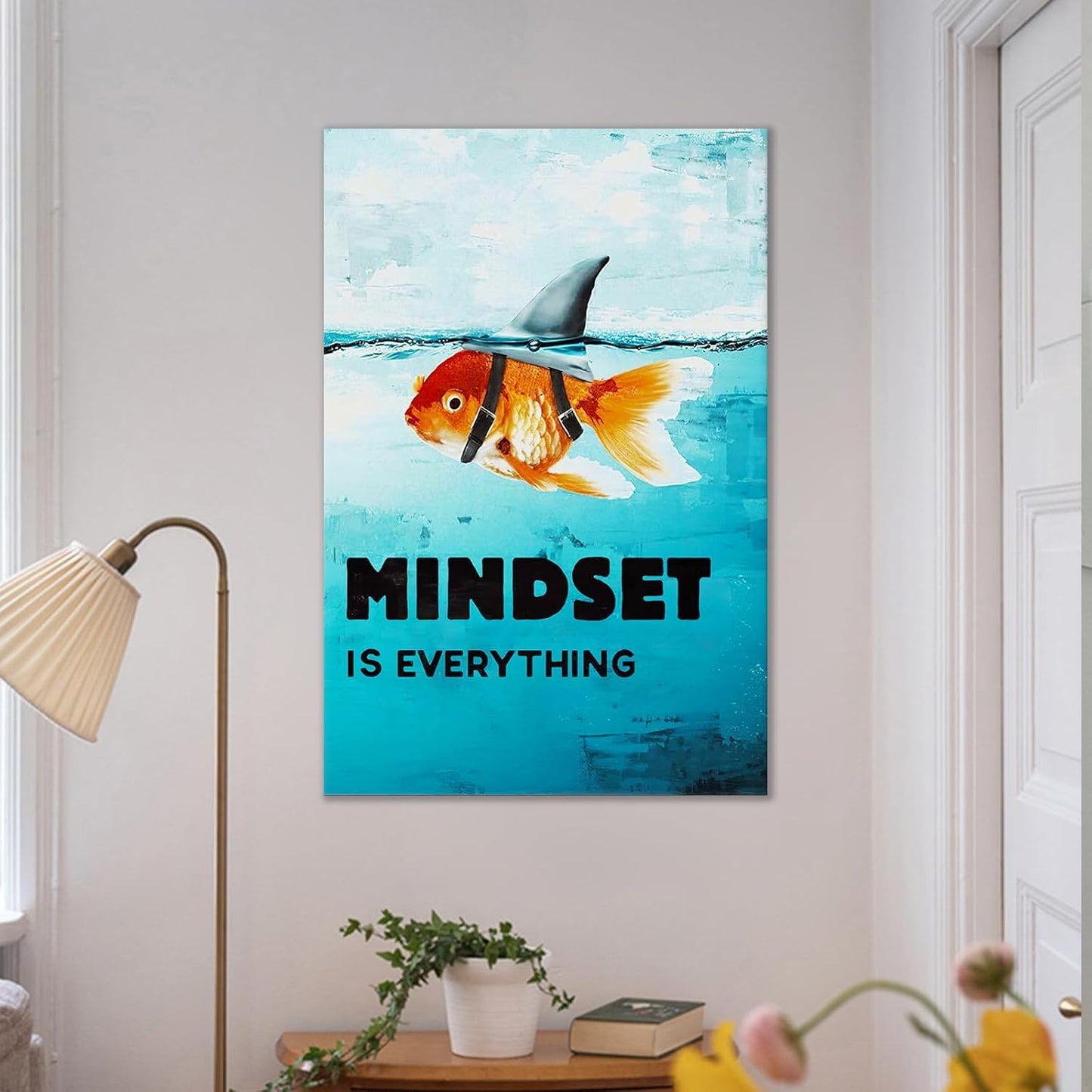 Mindset is Everything Poster Inspiration Wall Art Goldfish Pictures Big Shark Canvas Painting Poster Print Artwork Modern Home Decor for Living Room Bedroom Office Framed Ready to Hang [24''W x 36''H]