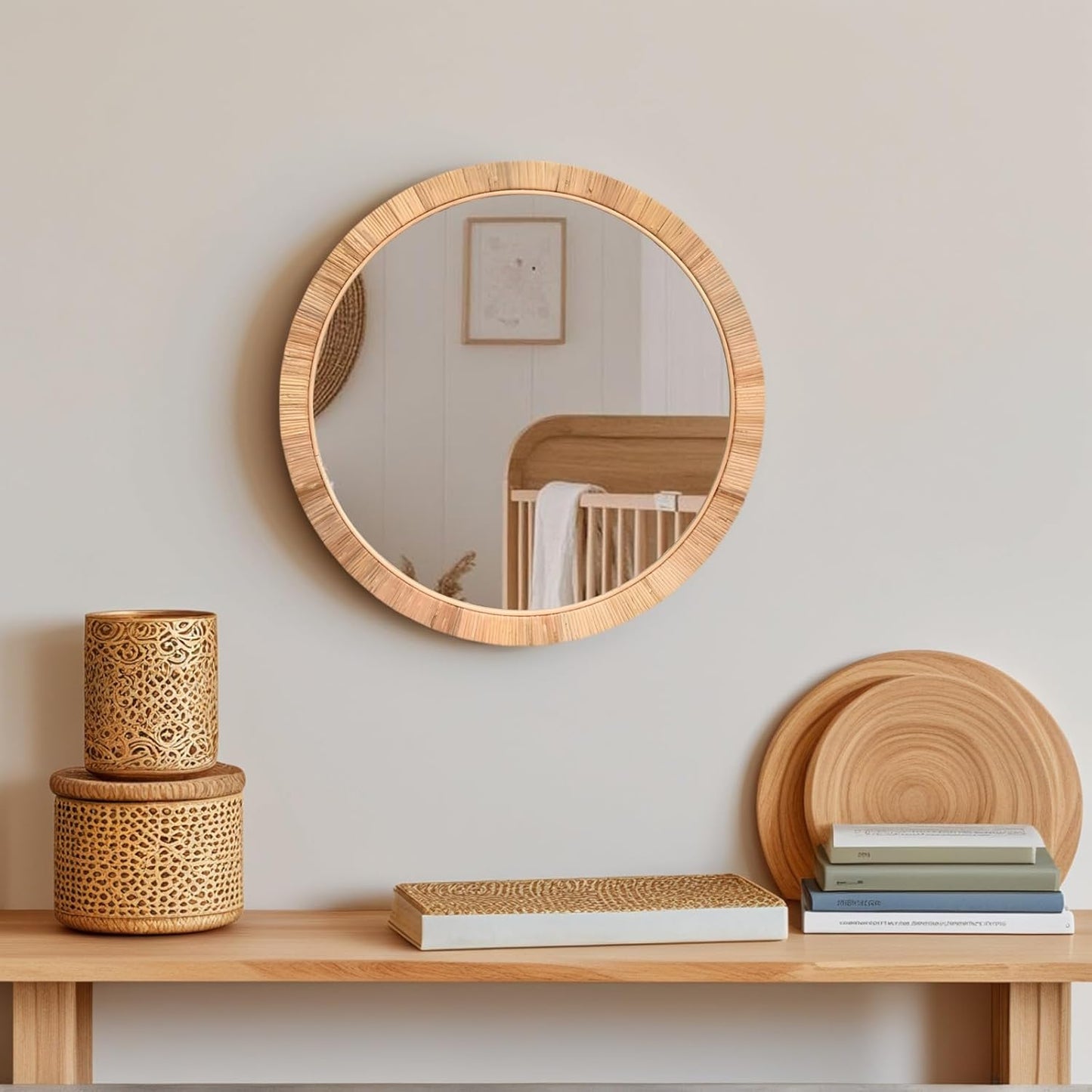 FUIN 25" Boho Chic Round Rattan Mirror - Handmade Wicker Frame - Perfect for Rustic Farmhouse Décor